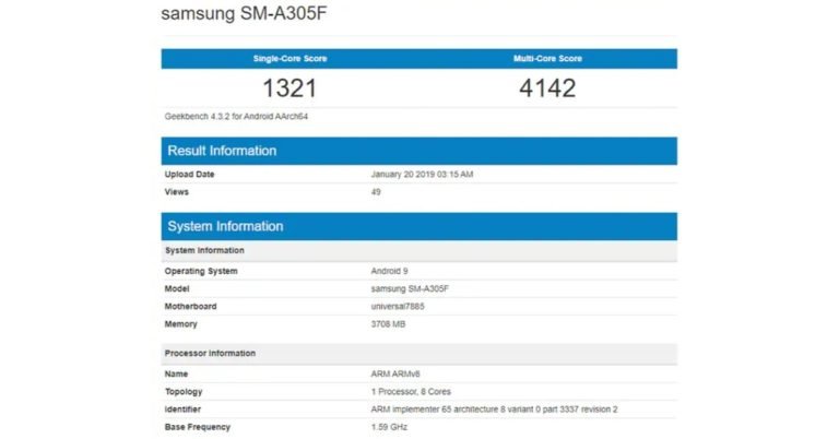Samsung Galaxy A30 Geekbench lisiting