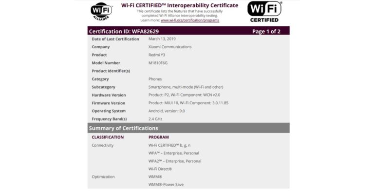 Xiaomi Redmi Y3 spotted at the Wi-Fi Alliance listing