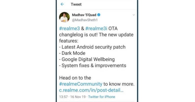 Realme CEO's tweet