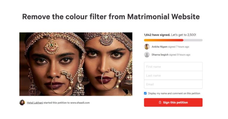 Shaadi.com removed skin tone filter from its platform after an online petition