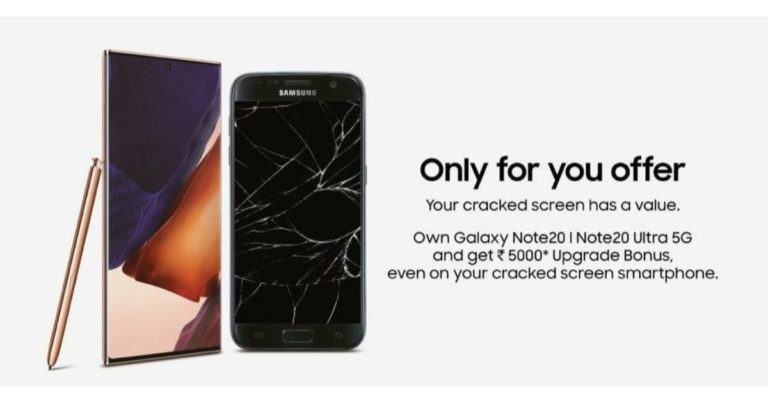 Samsung announced an upgrade bonus of up to Rs 5000 for consumers having a smartphone with a cracked screen as an additional offer for Galaxy Note 20 series 