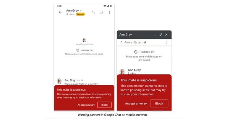 To protect against phishing attacks, Google Chat has added warning banners