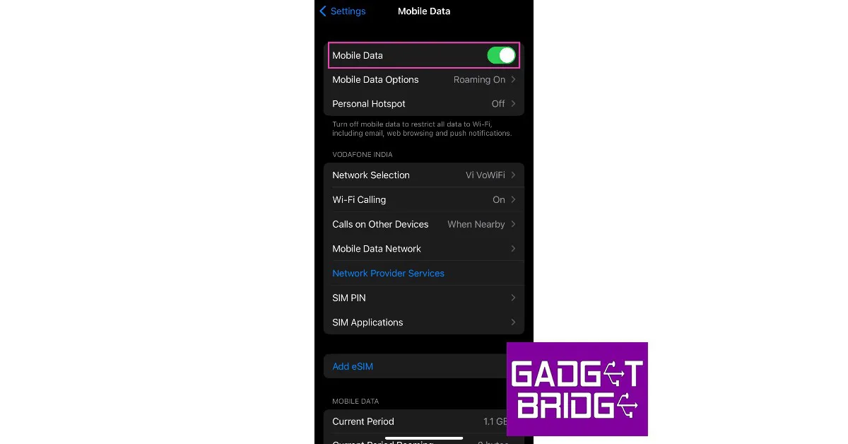 Step 2: Turn the toggle bar for Mobile Data off. Turn it back on after a few seconds.