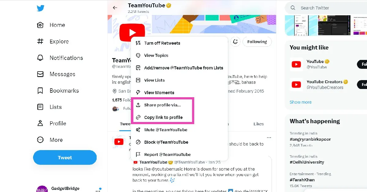 Step 3: To simply copy the link to the Twitter profile, click on ‘Copy link to profile’.