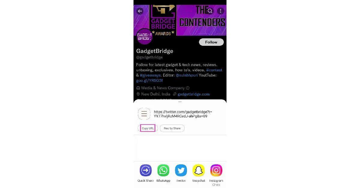 Step 4: Tap on ‘Copy URL’ to copy the profile link. You can also quickly share the profile link via any messaging app.