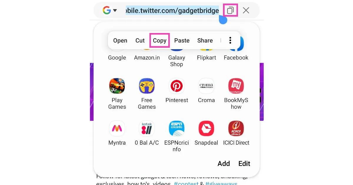 Step 3: Long press and select ‘Copy’. The profile link will be copied to the clipboard and can be shared by pasting on any text field. You can also tap on the clipboard icon next to the address bar to copy the profile link.