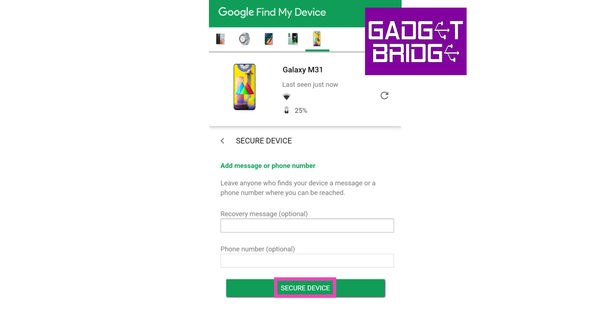 Step 5: Add a recovery message and your phone number in case someone finds your phone and wants to reach out to you to return it. remove google account on laptop