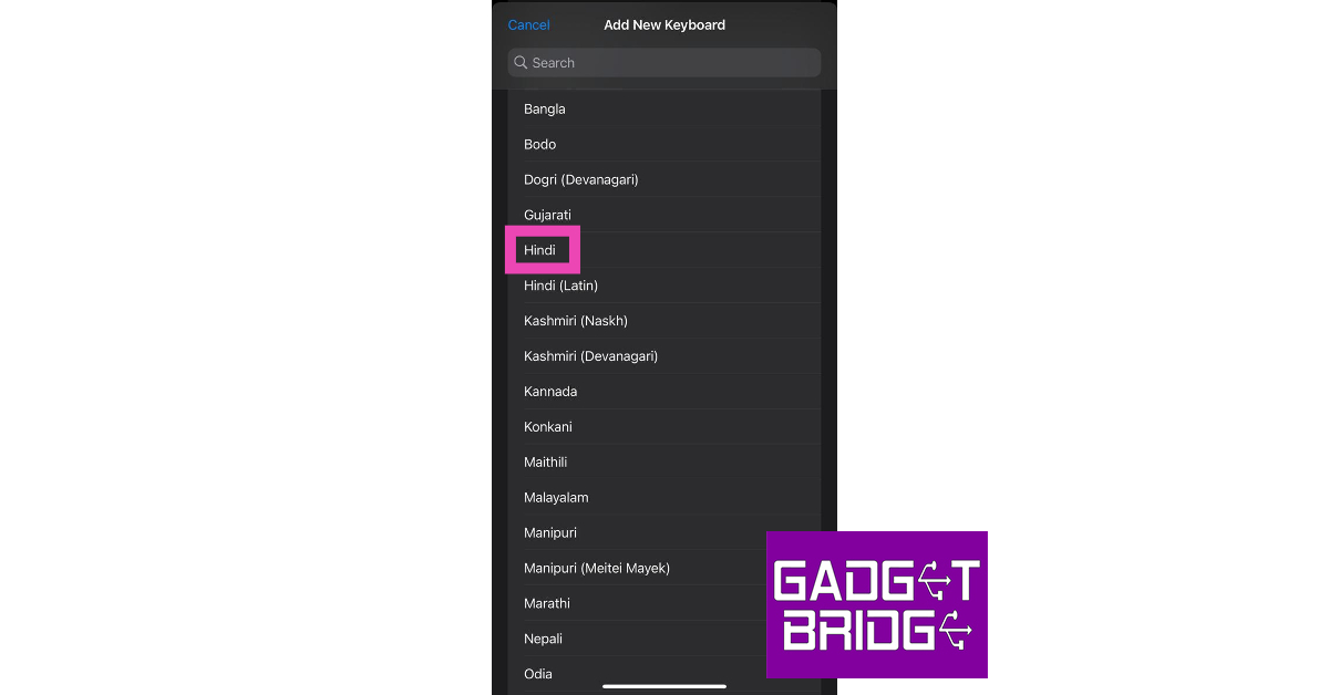 Step 4: Select Hindi from the list.