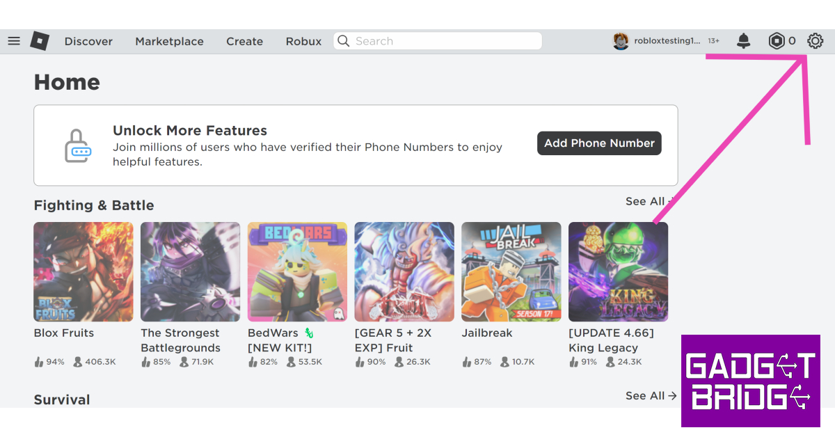 Step 2: Once you have verified that you are over 13 years of age, go to the Roblox home page and click on the gear icon at the top right corner of the screen.
