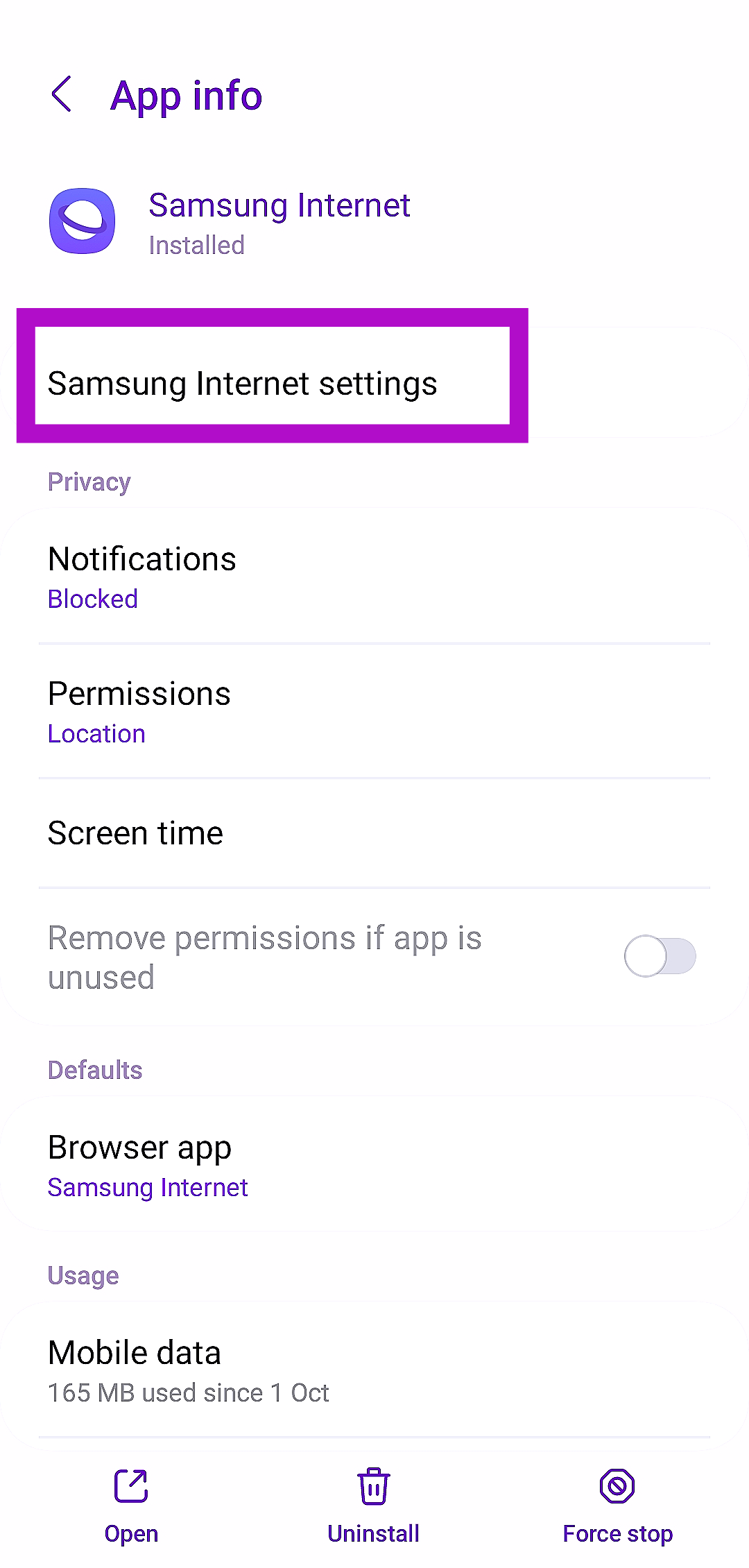 Step 3: Tap on Samsung Internet settings.