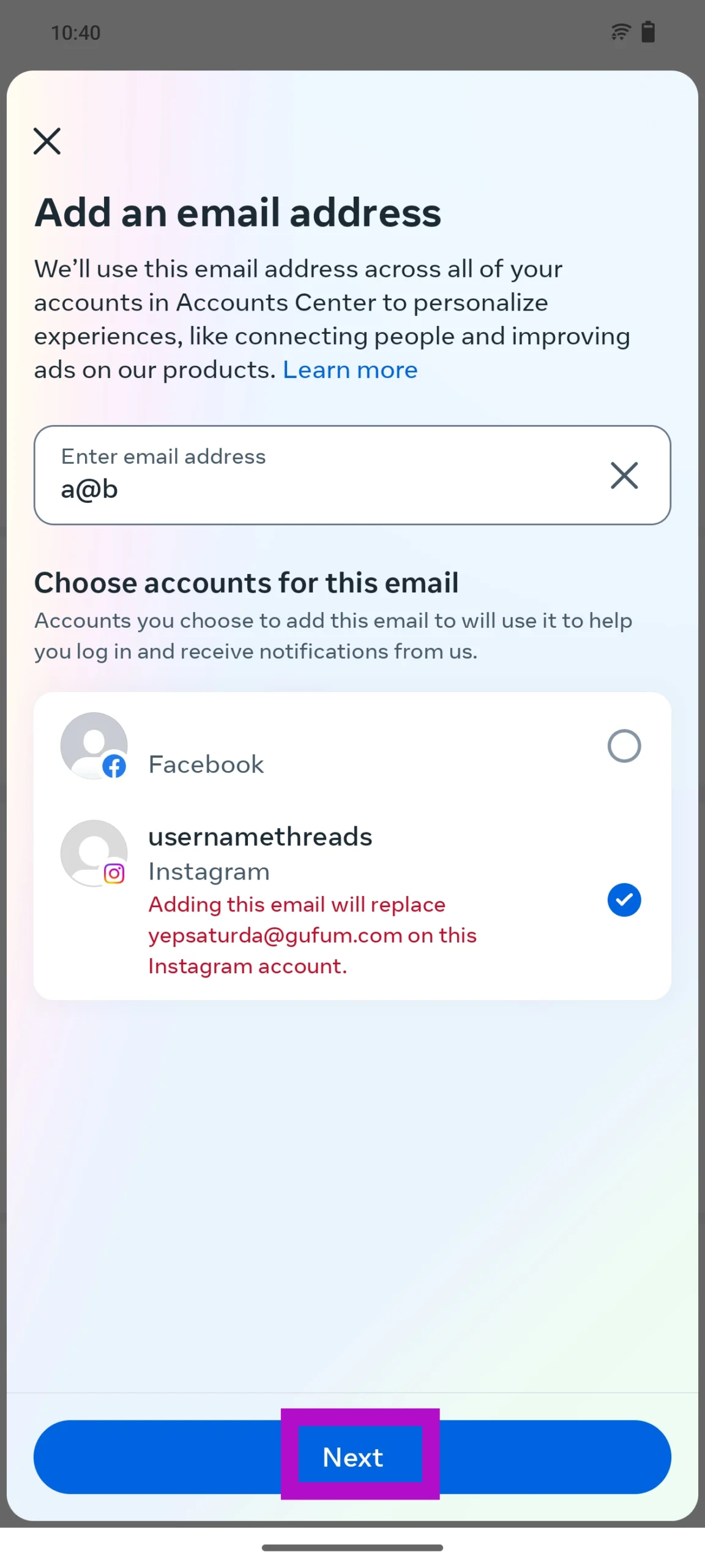 Step 8: Enter your email address and select your Instagram account from the list.