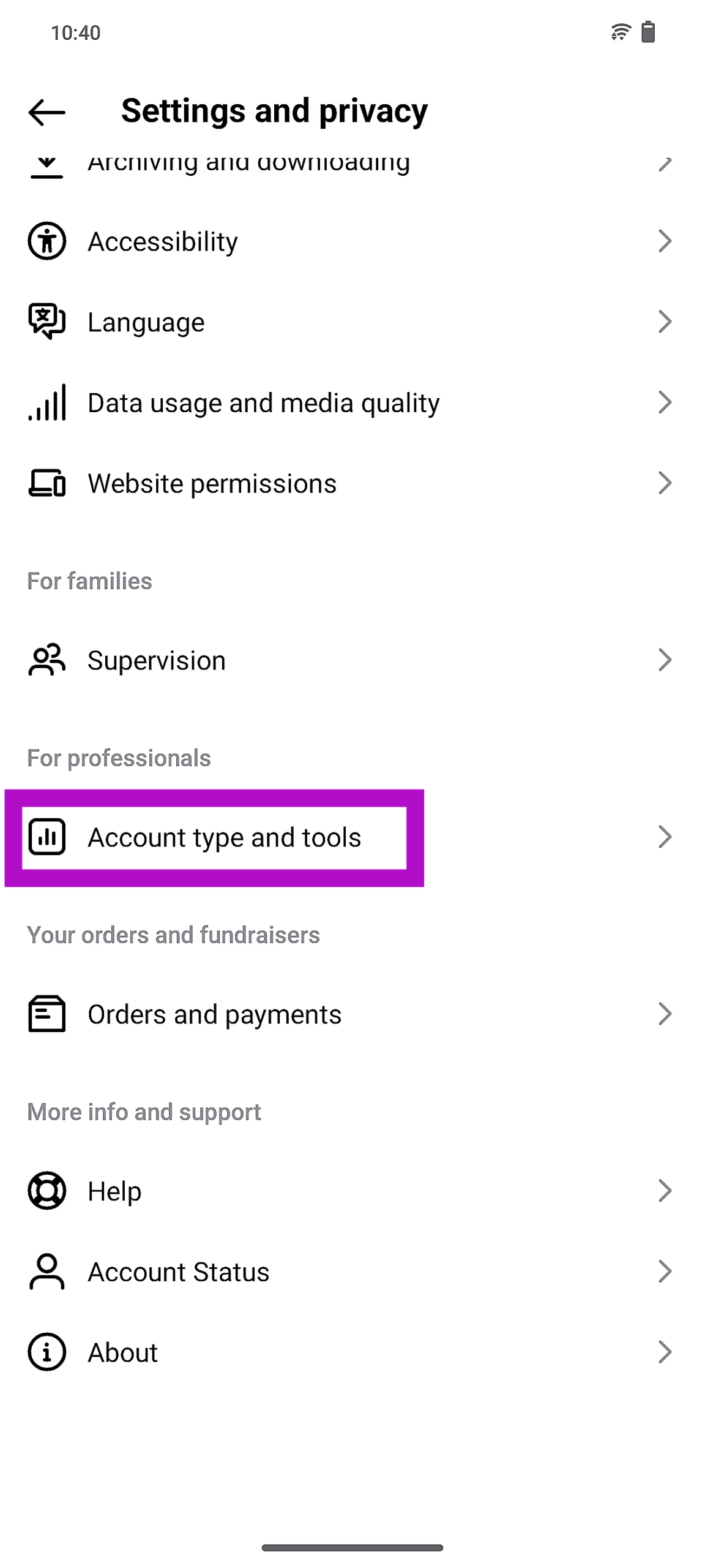 Step 4: Scroll down and select Account type and tools.