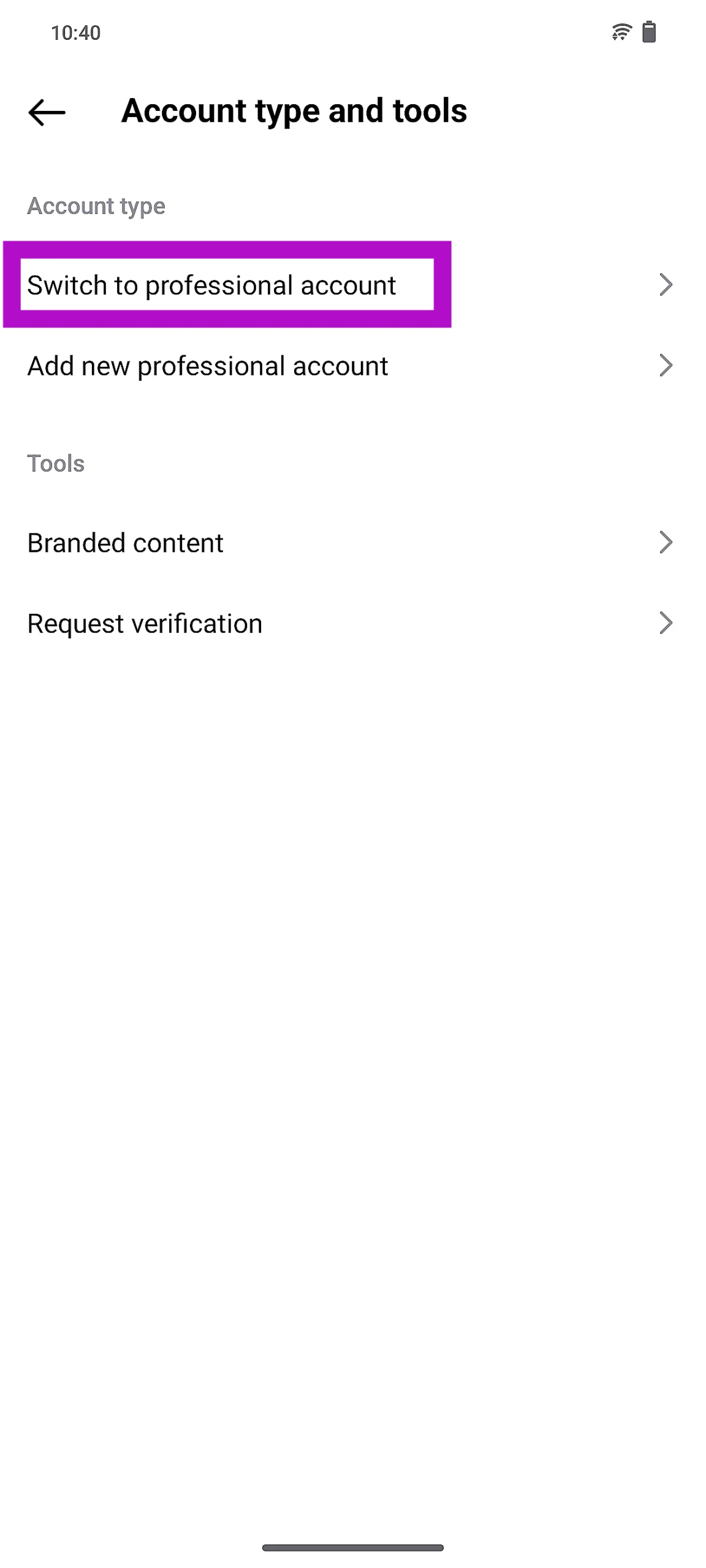 Step 5: Select Switch to professional account.
