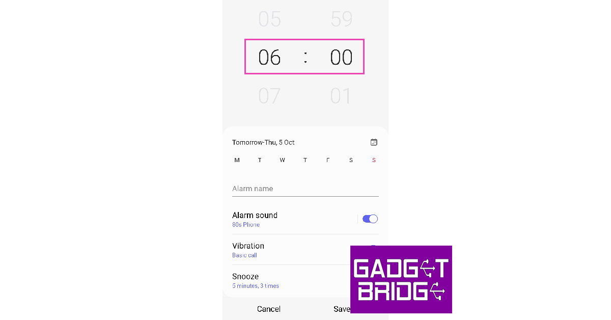 Step 3: Swipe the numbers on the clock to set the time for the alarm.