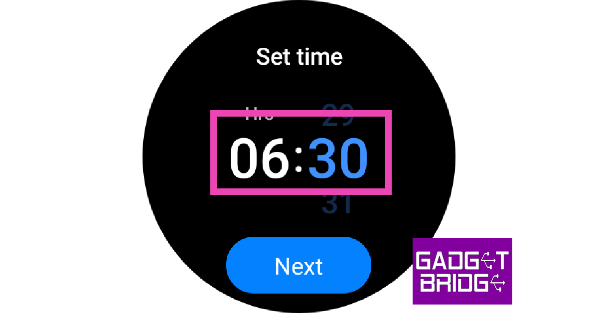 Step 3: Swipe the hours and minutes counter to set a time for the alarm. Hit Next.