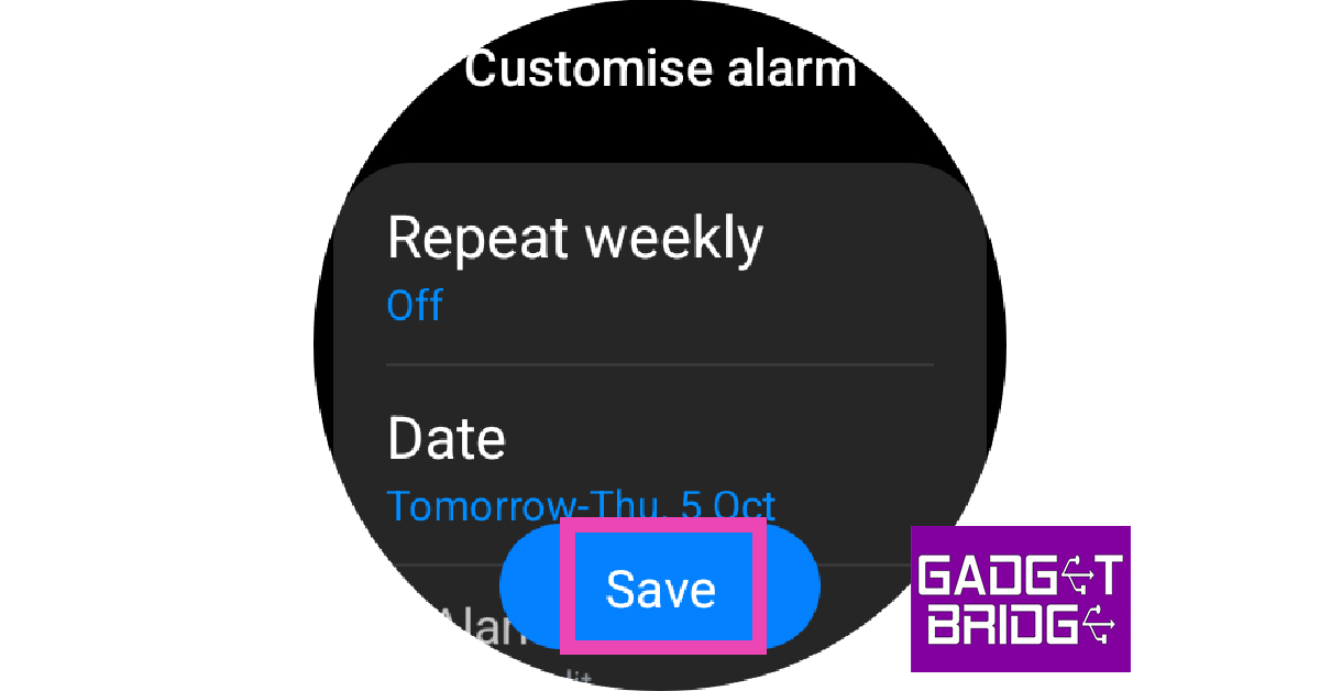Step 4: Set the date, frequency, tone, and vibrational pattern for the alarm. Hit Save.