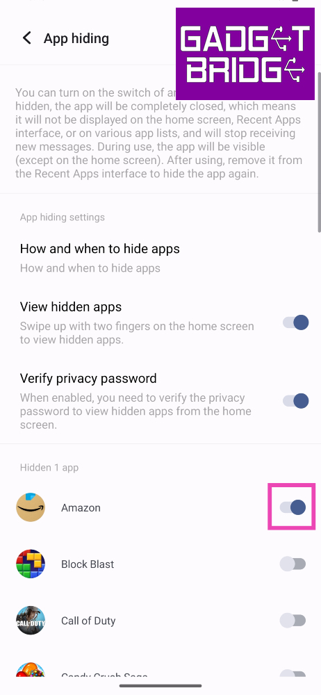 Step 5: Turn on the toggle switch for the apps you want to hide.