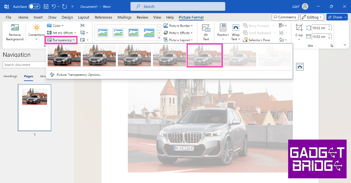 Step 4: Click on Transparency and select the level of transparency you want on the image.