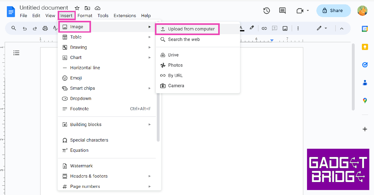 Step 2: Click on Insert and go to Image>Upload from computer. Upload the image from your PC’s storage.