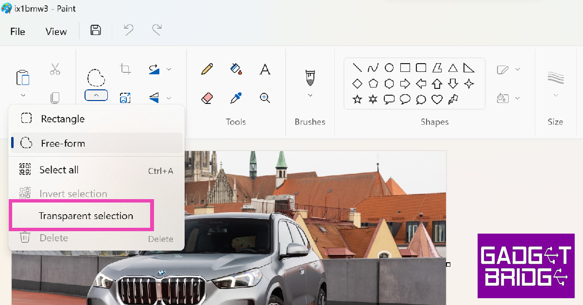 Step 4: Hit the arrow in the image section on the toolbar and click on Transparent Selection.