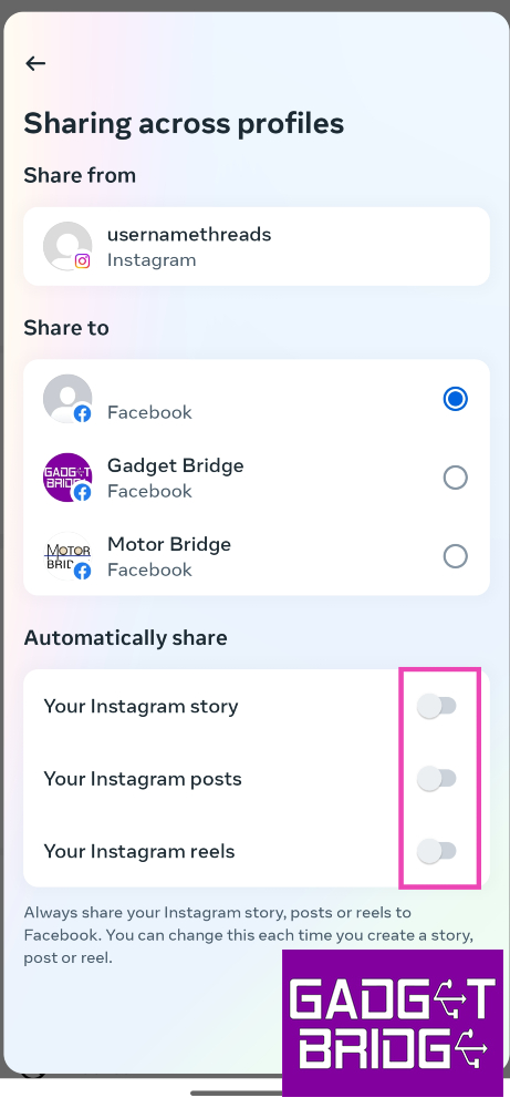 Step 8: Turn on the toggle switches for Instagram story, posts, and reels.