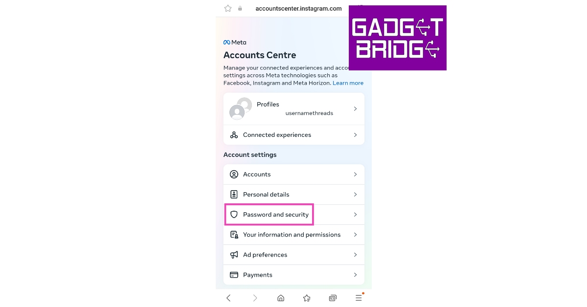 Step 5: Select Password and security.