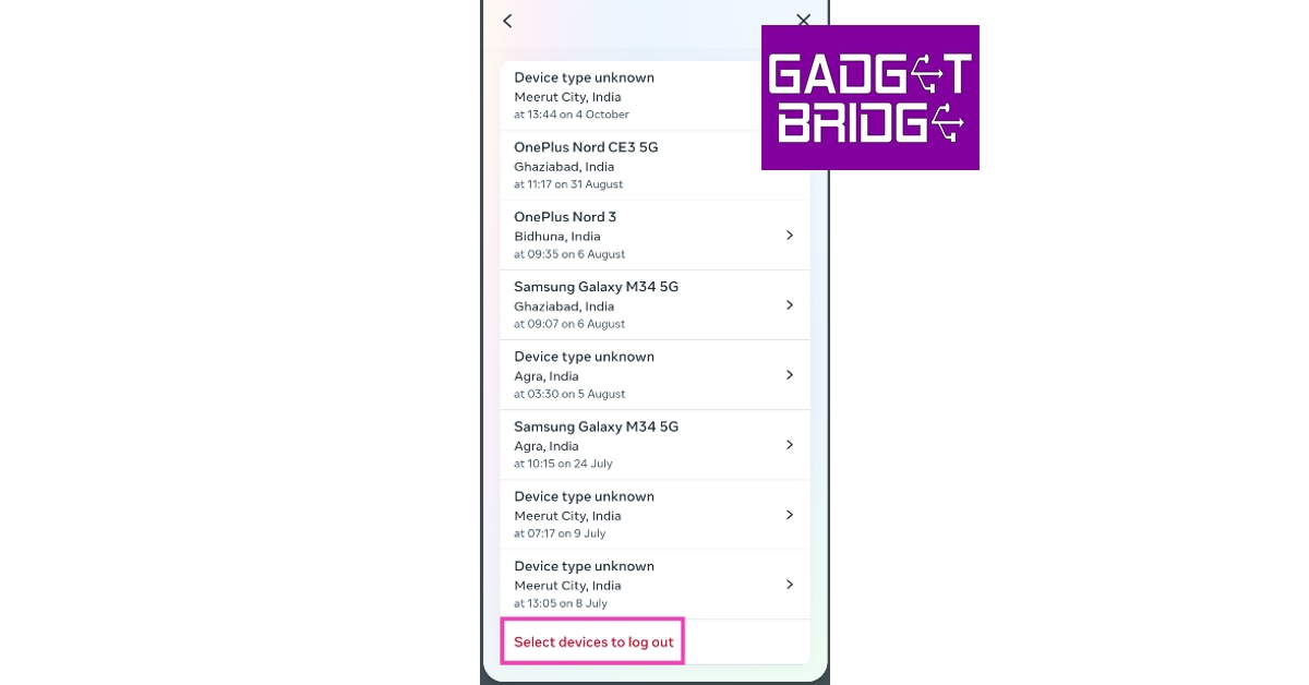 Step 8: Scroll down and tap on Select devices to log out.