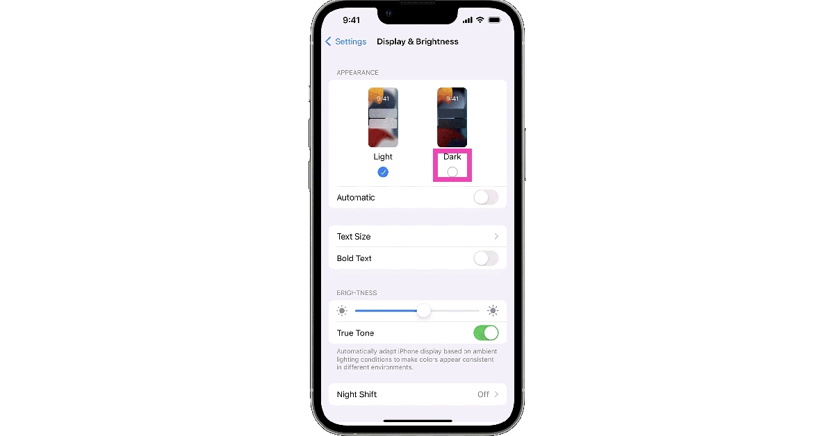 Step 3: Tap on Dark to enable Dark Mode. This change will be applied across your iPhone’s interface, including the Snapchat app.