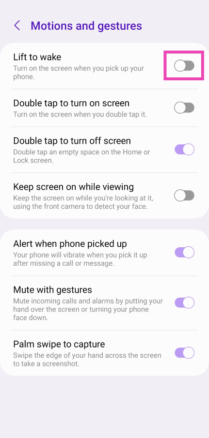 Step 3: Turn off the toggle switch for Lift to wake.