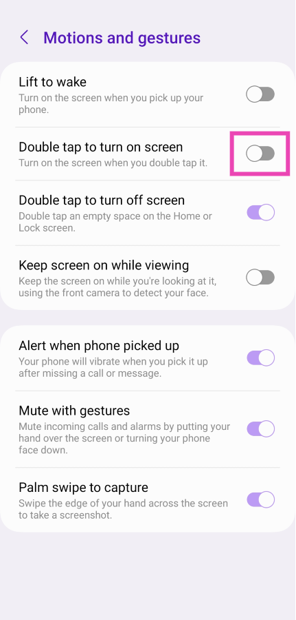 Step 3: Turn off the toggle switch for Doube tap to turn on screen.