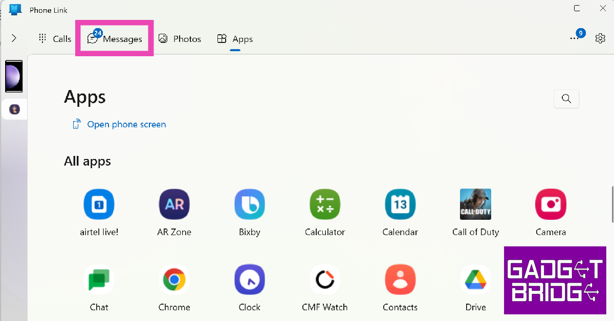 Step 5: Click on the Messages tab in the Phone Link app on your PC to access all your messages.
