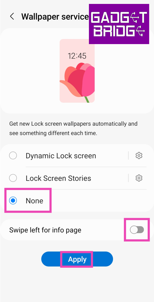 Step 3: Tap on None and turn off the toggle switch for Swipe left for info page.
