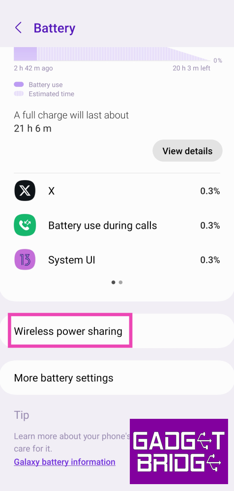 Step 3: If your smartphone supports reverse wireless charging, this page will have an option to enable it. On Samsung phones, this option is called Wireless Power Sharing.