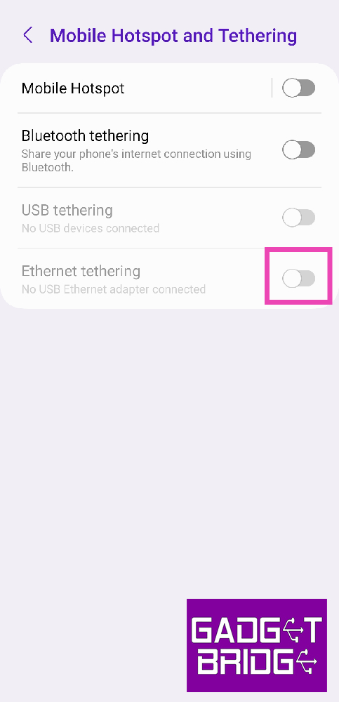 Step 5: Turn on the toggle switch for Ethernet tethering. Top 5 ways you can use your Android smartphone as a WiFi repeater