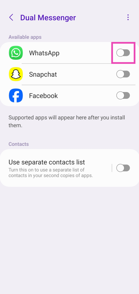 Step 3: Turn on the toggle switch for WhatsApp.