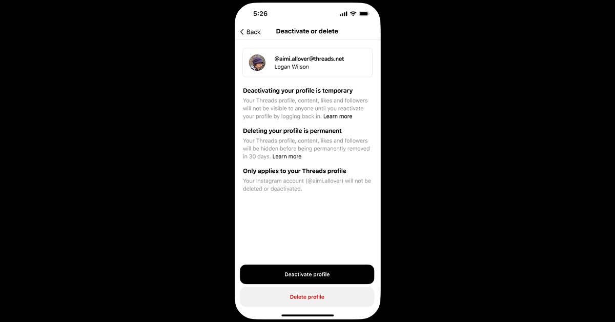 Now Threads profiles can be deleted separately from the Instagram account