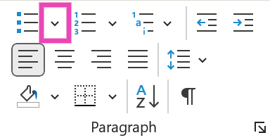 Step 2: Hit the downward arrow next to the bullet points tile in the Paragraph section.