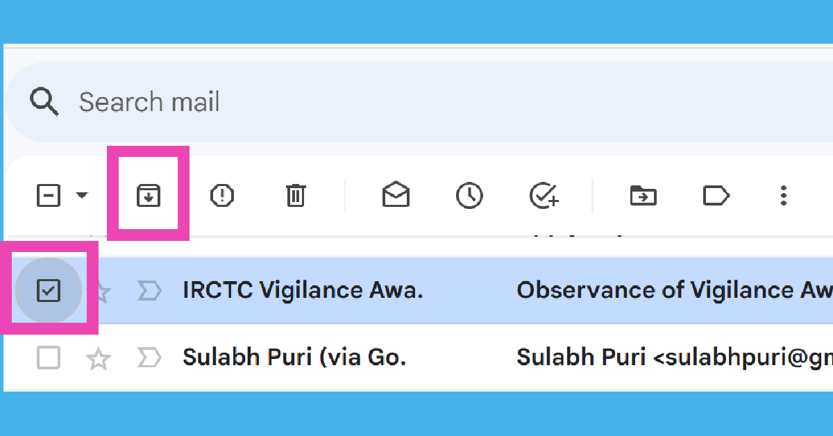 Step 3: Alternatively, long-press the email and hit the archive icon (downward arrow inside a box) at the top of the screen.