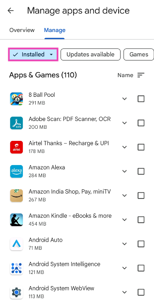 Step 5: Tap on the Installed category at the top of the screen.