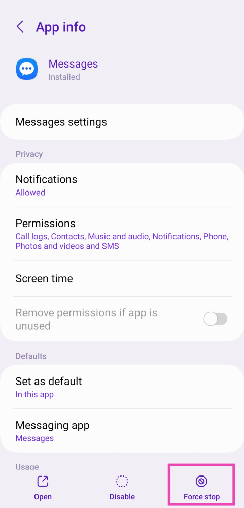 Step 3: Tap on Force Stop at the bottom of the screen. Top 6 ways to fix Android won't send MMS or picture messages
