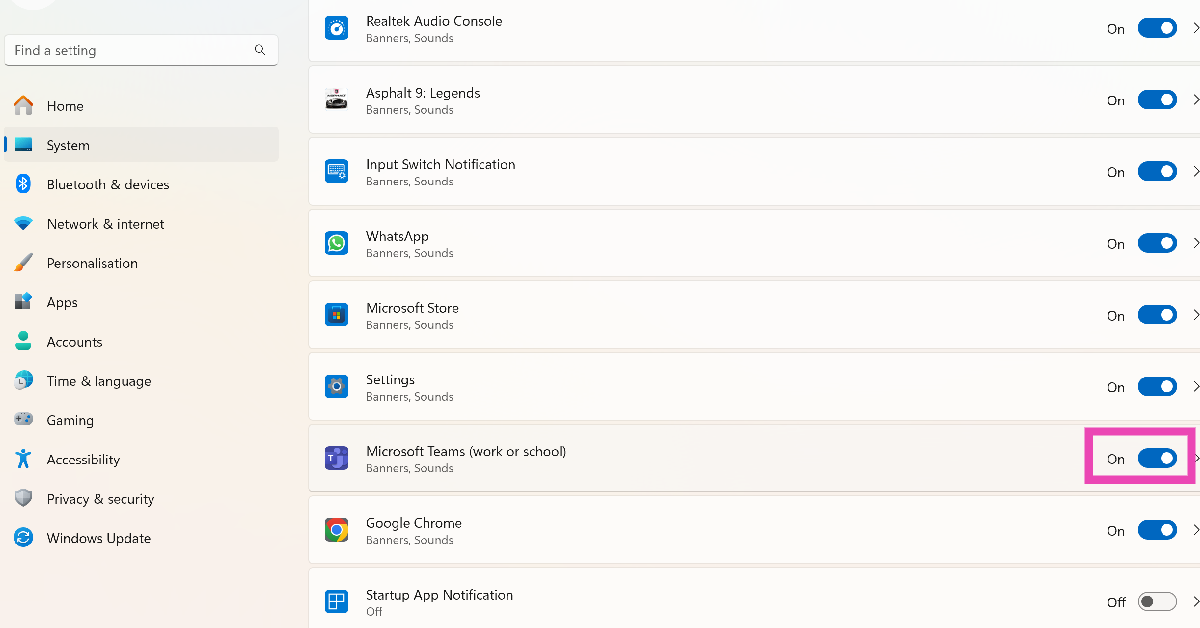Step 3: Scroll down and turn on the toggle switch for Microsoft Teams.