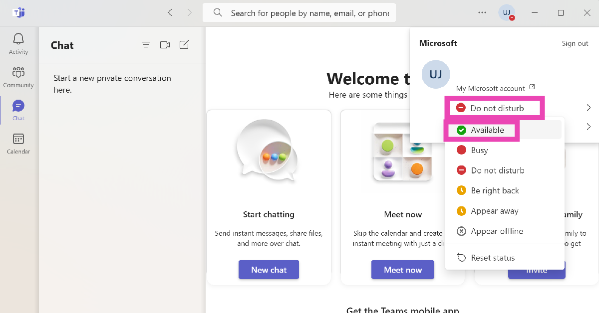 Step 3: Click on your activity status and change it to anything else other than Busy or Do Not Disturb.