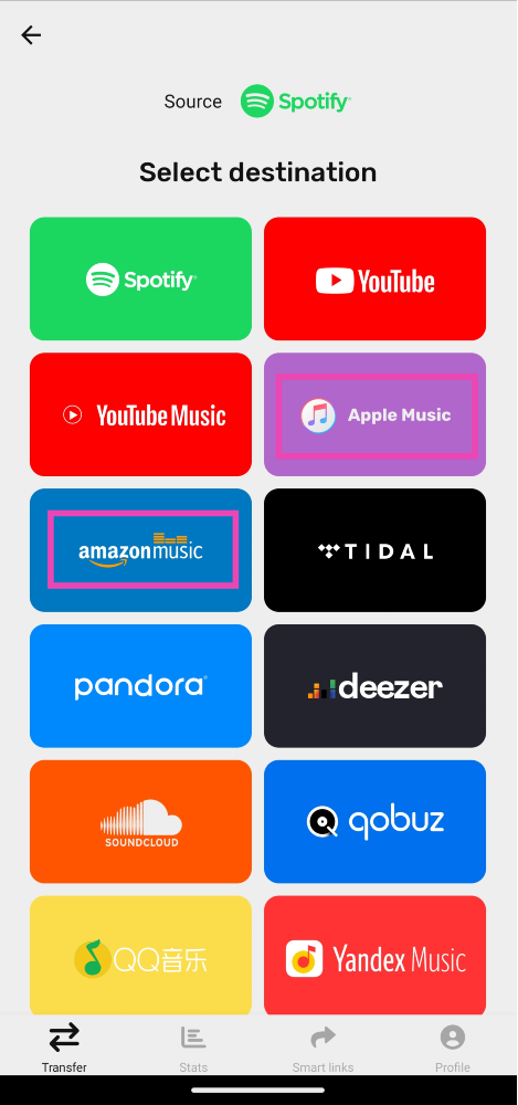 Step 3: Select Amazon/Apple Music as your destination.