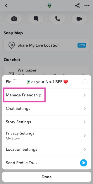 Step 3: Hit the ellipses at the top right corner of the screen and select Manage Friendship.