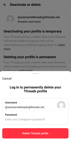 Step 7: Enter your Threads password to confirm account deletion.