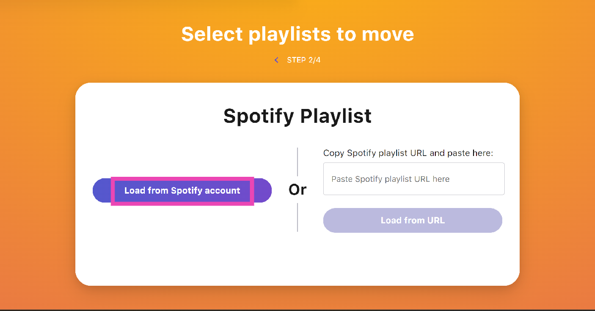 Step 5: If you want to transfer a particular playlist, paste its link in the box. If you want to transfer multiple playlists, click on Load from Spotify account.