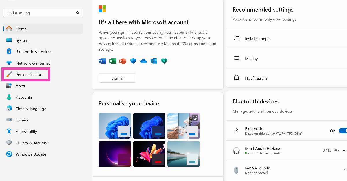 Step 2: Switch to the Personalisation tab.