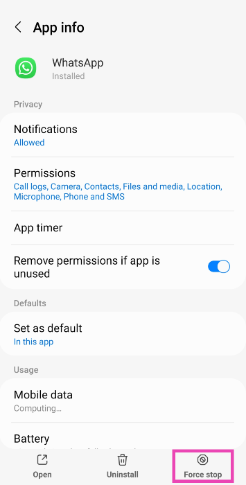 Step 3: Hit Force Stop at the bottom of the screen. 9 easy methods to fix ‘WhatsApp Call Not Ringing’ when Android phone is locked