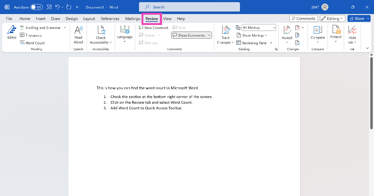 Step 1: Click on the Review tab at the top of the screen.