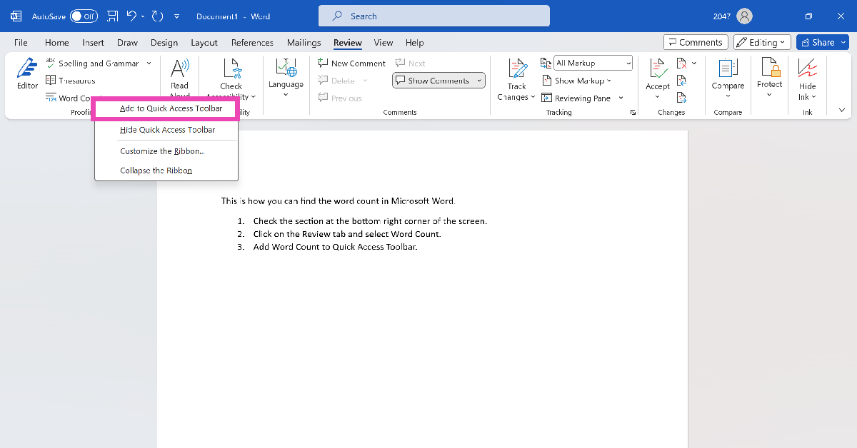 Step 2: Right-click on Word Count.